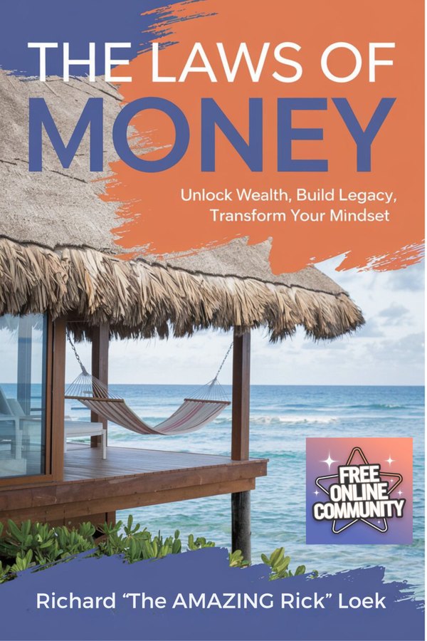Cover of The Laws of Money by Richard Loek: a beach hut with a hammock by the sea.